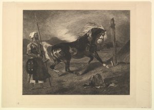 Delacroix, 1857 के बाद हिस्सेदारी के साथ अरबी घोड़ा।