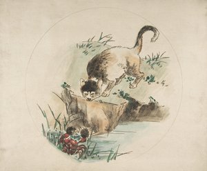 एक प्लेट के लिए सजावट: एक बिल्ली एक केकड़े का शिकार करती है, 1850-1914। द्वारा फेलिक्स ब्रैकक्मोंड