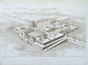 खोरसाबाद पैलेस, किले की दीवारों के हिस्से के साथ दक्षिण-पूर्व से ऐतिहासिक दृश्य, विक्टर प्लेस द्वारा 'निनवे और असीरिया' का चित्रण द्वारा फेलिक्स थॉमस