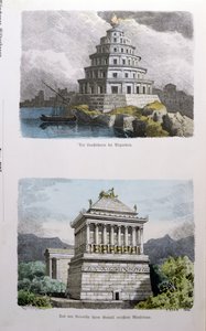 अलेक्जेंड्रिया के महान प्रकाशस्तंभ और हैलिकर्नसस के मकबरे, &39;मोन्नेर वंडरडरोजेन&39;, 1886 में प्रकाशित &39;सेवन वंडर्स ऑफ द वर्ल्ड&39; की एक श्रृंखला से