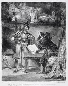 गोएथ्स फस्ट, 1828, (चित्रण) (लिथोग्राफ की bw फोटो) से फस्ट और मेफिस्टोफेल के बीच पहली मुलाकात: द्वारा फर्डिनेंड विक्टर यूजीन डेलाक्रोइक्स