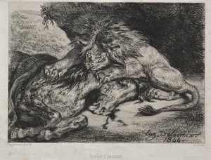 सिंह देविंग एक घोड़ा, 1844। द्वारा फर्डिनेंड विक्टर यूजीन डेलाक्रोइक्स