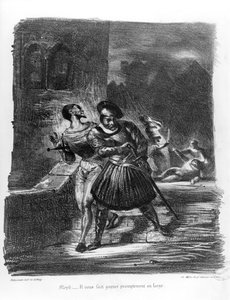 गेटेथ फस्ट, 1828, (चित्रण), (लिथोग्राफ की bw फोटो) से वेलेंटाइन डेथ के बाद भागने वाले मेफिस्टोफेल्स और फस्ट