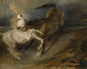 एक तूफानी परिदृश्य में लड़ते हुए दो घोड़े, c.1828 द्वारा फर्डिनेंड विक्टर यूजीन डेलाक्रोइक्स