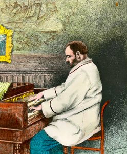 अंग बजाते हुए एमिल ज़ोला (1840-1902) का पोर्ट्रेट। डेसमौलिन द्वारा उत्कीर्णन (19वीं शताब्दी)। कोल। बाहर जाओ। द्वारा फर्नांड डेसमौलिन