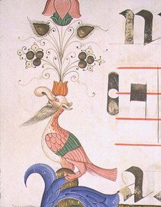मिसल 515 f.120v मानव सिर के साथ विचित्र पक्षी, 1449 से पहले निष्पादित एक गाना बजानेवालों से सजावटी सीमा का विवरण (वेल्लम)