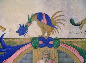 मिसल 515 f.13v मानव चेहरे के साथ शानदार दो पैरों वाला प्राणी, 1449 से पहले निष्पादित एक चोयर बुक से सजावटी सीमा का विस्तार (56721 का विस्तार) द्वारा फिलिप्पो डी माटेओ टोरेली