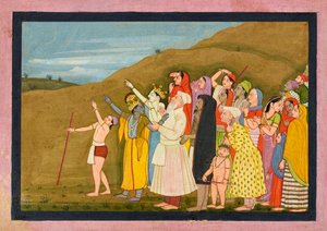 कृष्ण और उनका परिवार सूर्य ग्रहण की प्रशंसा करते हैं, शायद quot;कांगड़ा/मोदीquot; emभागवत पुराणem का एक पृष्ठ द्वारा नैनसुख के बाद पहली पीढ़ी