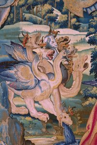 फ्लेमिश टेपेस्ट्री। श्रृंखला द एपोकैलिप्स: सेंट माइकल ने ड्रैगन को हराया। एटलियर विलेम डर्मोयेन, ब्रुसेल्स। लगभग 1553-1555। विवरण। द्वारा फ्लेमिश स्कूल