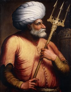 खिर एल-दीन बारब्रोसा की पोर्ट्रेट, अर्ध-लंबाई, एक त्रिशूल पकड़े हुए, c.1580
