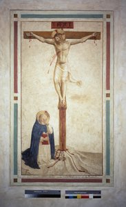 सेंट डोमिनिक के साथ क्रूस। शिलालेख "" INRI "" क्रॉस पर। गुइडो डि पिएत्रो द्वारा फ्रेस्को द्वारा फ्रा एंजेलिको