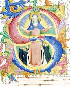 मिसाल 558 f.156v ऐतिहासिक आरंभिक 'एस' जिसमें वर्जिन को उसके लबादे के नीचे आश्रय देने वालों को दर्शाया गया है, c.1429-30 (वेल्लम) द्वारा फ्रा और स्ट्रोज़ी ज़ानोबी डि बेनेडेटो एंजेलिको