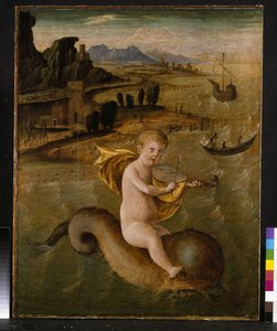 एरियन एक डॉल्फिन पर सवार है, पैनल पर c.1509-10 स्वभाव और तेल द्वारा फ्रांसेस्को बियानची फेरारी
