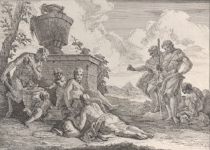 सैटियर विथ क्लब एंड सेवन फिगर्स फ्रॉम बच्चनल्स एंड हिस्ट्रीज, 1744। द्वारा फ्रांसेस्को फोंटेबेसो