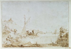 एक तटीय दृश्य, c.1770-80 (कागज पर काले चाक के साथ कलम और भूरा धोना) द्वारा फ्रांसेस्को गार्डी
