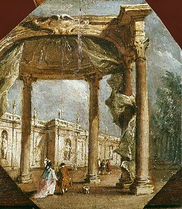 एक सुरुचिपूर्ण युगल और एक कुत्ते के साथ एक मूर्खता का Capriccio (पैनल पर तेल) द्वारा फ्रांसेस्को गार्डी