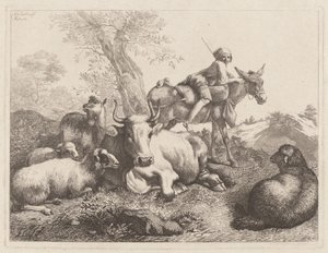 गधे पर बैठा लड़का जानवरों के एक समूह को देख रहा है द्वारा फ्रांसेस्को लंदनियो