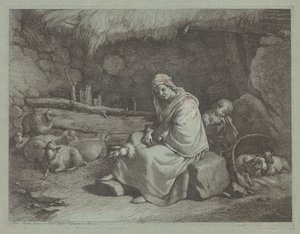 एक बैठे हुए स्पिनर और सोते हुए बच्चे के साथ एक अस्तबल का इंटीरियर, 17591782। द्वारा फ्रांसेस्को लंदनियो