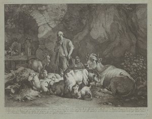 बूढ़ा, गंजा सिर वाला चरवाहा, बैठा हुआ चरवाहा लड़का और झुंड
