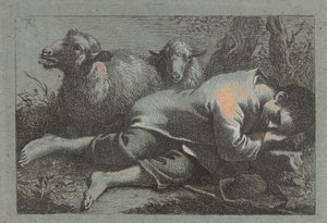 किसान लड़का दो भेड़ों के पास सो रहा है, 17581759। द्वारा फ्रांसेस्को लंदनियो