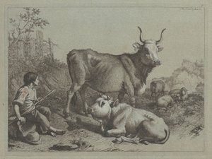 एक बैल और बैल के साथ बैठा चरवाहा, 1763। द्वारा फ्रांसेस्को लंदनियो