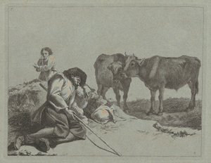 स्लीपिंग शेफर्ड, टू बछड़े, और एक किसान महिला, 17621763। द्वारा फ्रांसेस्को लंदनियो