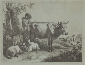 1760 के झुंड के साथ खड़ी गाय और एक चरवाहा लड़का। द्वारा फ्रांसेस्को लंदनियो