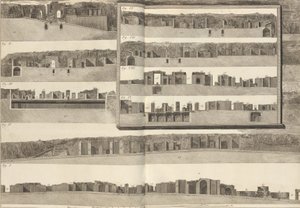 क्रॉस-सेक्शन, जो पोम..., 1804 की योजना में दिखाए गए भवनों के विभिन्न पहलुओं को दिखाते हैं। द्वारा फ्रांसेस्को पिरनेसी