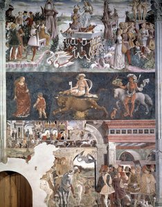 अप्रैल. शीर्ष: तीन गौरव और जोड़ों चुंबन के साथ वीनस की विजय (Aphrodite)। बीच में: बैल के राशि चिन्ह का प्रतिनिधित्व। नीचे: बोर्सो डी'एस्ट (1413-1471), मोडेना के ड्यूक और फेरारा के रेजियो और मार्क्विस। फ्रांसेस्को डी द्वारा फ्रेस्को द्वारा फ्रांसेस्को डेल कोसा