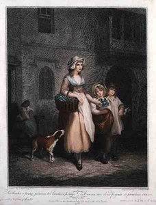 लुइगी शियावोनेट्टी (1765-1810), पब द्वारा उकेरी गई 'द क्रीज़ ऑफ़ लंदन' की प्लेट 1 "टू बंच ए पेनी, प्रिमरोज़, टू बंचेस ए पेनी"। कोलनाघी एंड कंपनी द्वारा