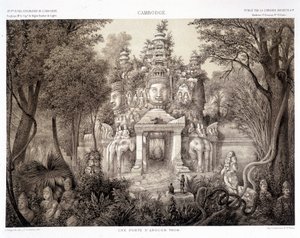 ए गेट ऑफ़ अंगकोर थॉम, सीए. 1870 - फ्रांसिस गार्नियर पेरिस द्वारा "" इंडोचाइना में अन्वेषण की यात्रा 1866-1868 "" में द्वारा फ्रांसिस गार्नियर