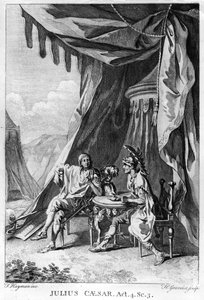 ब्रूटस टेंट में ब्रूटस और कैसियस, विलियम शेक्सपियर (1564-1616) द्वारा &39;जूलियस सीजर&39; से एक्ट IV दृश्य iii, ह्यूबर्ट ग्रेवेलॉट (1699-1773) द्वारा उत्कीर्ण (उत्कीर्णन (बीडब्ल्यू फोटो)
