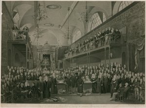 1820 में महत्वपूर्ण जांच के दौरान हाउस ऑफ लॉर्ड्स के इंटीरियर का दृश्य (उत्कीर्णन) द्वारा फ्रांसिस फिलिप (बाद) स्टेफानॉफ