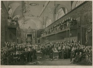 1820 में महत्वपूर्ण जांच के दौरान हाउस ऑफ लॉर्ड्स, वेस्टमिंस्टर, लंदन का इंटीरियर