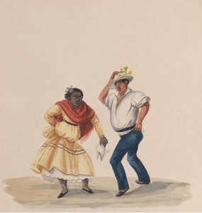 पेरू की पोशाक, 1848 को दर्शाने वाले चित्रों के एक समूह से एक पुरुष और एक महिला नृत्य करते हुए।