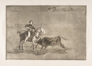 तूरोमाकिया से प्लेट 22: जश्न मनाने वाले पजुलेरा के मर्दाना साहस [द रिंग] में ..., 1816। द्वारा फ़्रांसिस्को डी गोया