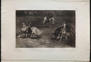 बुलफाइट्स: एक बुलफाइटर एक सहायक के कंधों पर चढ़कर, एक बैल पर भाला चला रहा है द्वारा फ़्रांसिस्को डी गोया