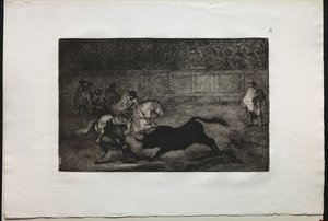 बुलफाइट्स: एक स्पेनिश घुड़सवार योद्धा सहायकों की मदद से छोटे भालों को तोड़ रहा है द्वारा फ़्रांसिस्को डी गोया