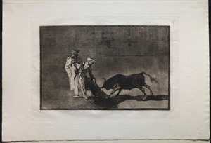 बुलफाइट्स: द माउर्स मेक अ वल प्ले अ रिंग इन द बुल कॉलिंग विथ द बर्नस, 1876। द्वारा फ़्रांसिस्को डी गोया