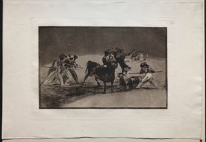 बुलफाइट्स: मूर्स ने बैल के खिलाफ खुद को बचाने के लिए गधों का इस्तेमाल किया, जिसके सींगों पर गेंदें लगी हुई थीं द्वारा फ़्रांसिस्को डी गोया