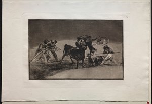 बुलफाइट्स: द बुलर्स के खिलाफ खुद को डिफेंड करने के लिए मोर्स गधों का इस्तेमाल बैरियर के रूप में करते हैं ..., 1876। द्वारा फ़्रांसिस्को डी गोया