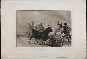 बुलफाइट्स: द रैबल हैमस्ट्रिंगिंग द बुल विद लैंस, सिकल, बैंडेरिलस और अदर आर्म्स, 1876। द्वारा फ़्रांसिस्को डी गोया