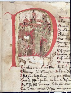 Ms Est 27 W 8.17 f.1r ऐतिहासिक प्रारंभिक चित्रण हुनिला का चित्रण (c.406-453) निकोला दा कैसोला द्वारा अत्तिला के युद्ध से एक्विला शहर को जलाना द्वारा फ्रेंको इतालवी स्कूल