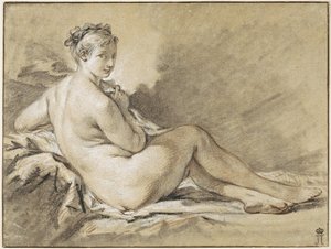एक महिला नग्न का अध्ययन - फ्रेंकोइस बाउचर (1703-1770)। कागज पर संगीन, काला और सफेद चाक