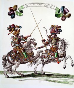 1662 में राजा लुई XIV (1638-1715) द्वारा डूफिन के जन्म का जश्न मनाने के लिए तुइलरीज को दिए गए हिंडोला के दौरान भारतीय एक्यूयर और पेज। फ्रेंकोइस चौवेउ (1613-1676) द्वारा उत्कीर्णन 17वीं सदी का निजी संग्रह