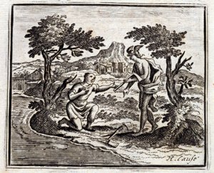 लम्बरजैक और बुध। जीन डे ला फोंटेन द्वारा दंतकथाएं (1621-95)। फ्रांकोइस चौवेउ (1613-1676) द्वारा चित्रण। 1728 का संस्करण। द्वारा फ्रेंकोइस चौवेउ