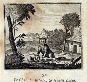 बिल्ली, नेवला और छोटा खरगोश। जीन डे ला फोंटेन द्वारा दंतकथाएं (1621-95)। फ्रांकोइस चौवेउ (1613-1676) द्वारा चित्रण। 1728 का संस्करण। द्वारा फ्रेंकोइस चौवेउ