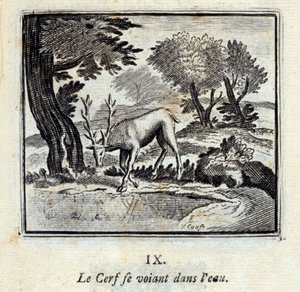 हिरण खुद को पानी में देख रहा है। जीन डे ला फोंटेन द्वारा दंतकथाएं (1621-95)। फ्रांकोइस चौवेउ (1613-1676) द्वारा चित्रण। 1728 का संस्करण। द्वारा फ्रेंकोइस चौवेउ