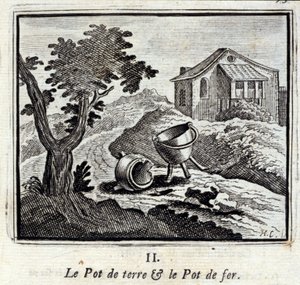 मिट्टी का बर्तन और लोहे का बर्तन। जीन डे ला फोंटेन द्वारा दंतकथाएं (1621-95)। फ्रांकोइस चौवेउ (1613-1676) द्वारा चित्रण। 1728 का संस्करण। द्वारा फ्रेंकोइस चौवेउ