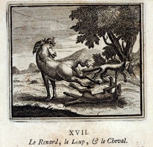 लोमड़ी, भेड़िया और घोड़ा। जीन डे ला फोंटेन द्वारा दंतकथाएं (1621-95)। फ्रांकोइस चौवेउ (1613-1676) द्वारा चित्रण। 1728 का संस्करण।